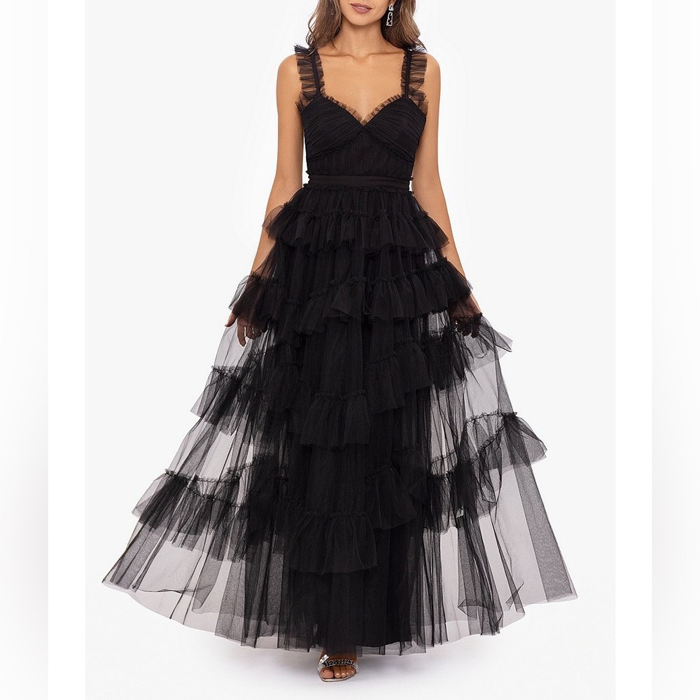 Betsy & Adam Mesh Tiered Ruffle Sleeveless Gown